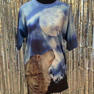 Get A Life Size Large Wolf Howling at the Moon Graphic Tee Shirt All Over Print